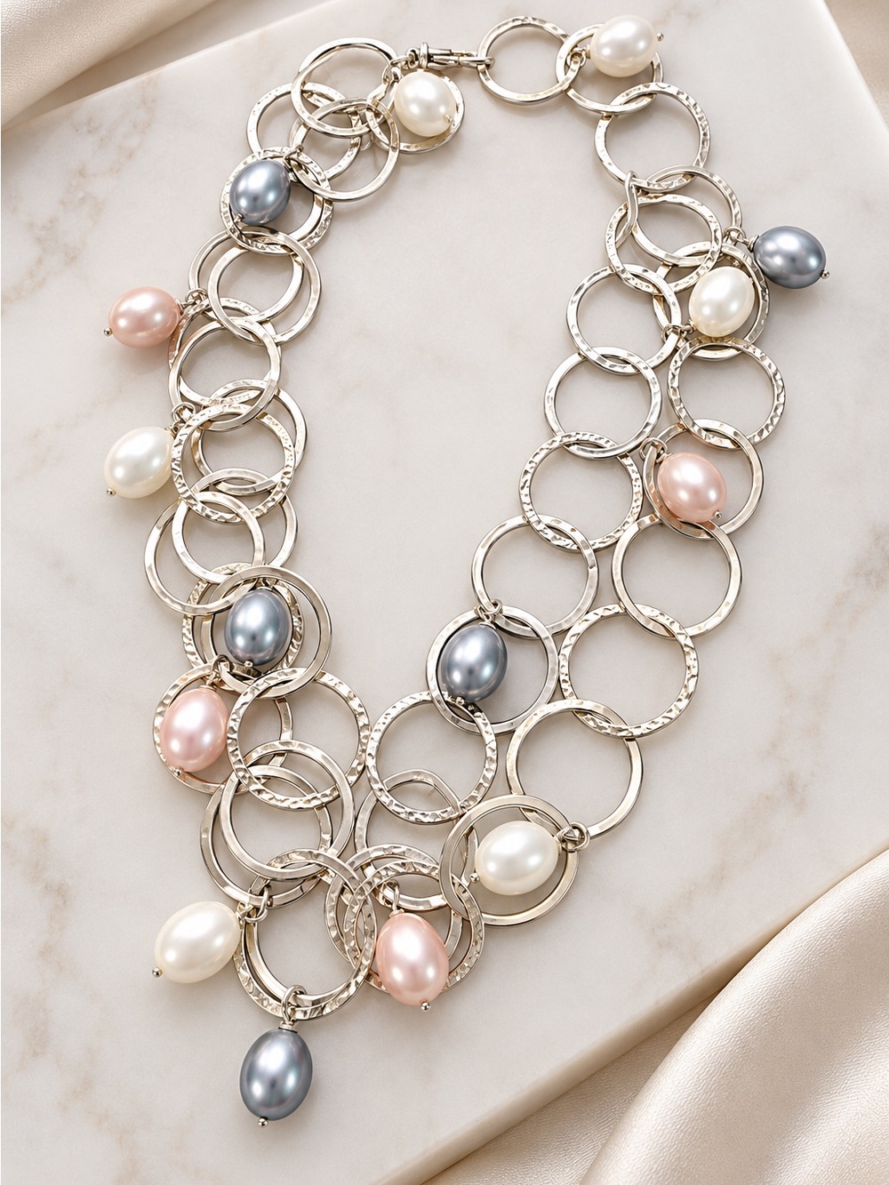 SPLENDORI ITALY 925 STERLING SILVER PINK WHITE GREY GLASS PEARLS LINK NECKLACE